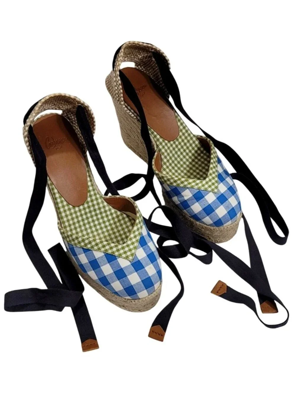 Castaner Womens Espadrille Wedges Blue Gingham Print Lace-Up Size 35